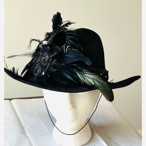 Michael Howard Vintage Black Feather Trim Wide Brim Women's Wool Hat